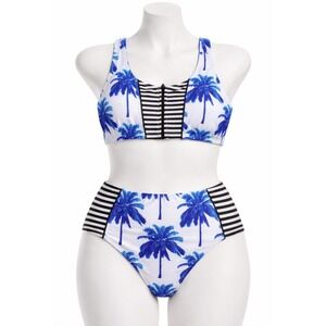 Cupshe Blue Palm Tree Stripe High Waisted Bikini Set Front Zip Sporty Swimsuit M